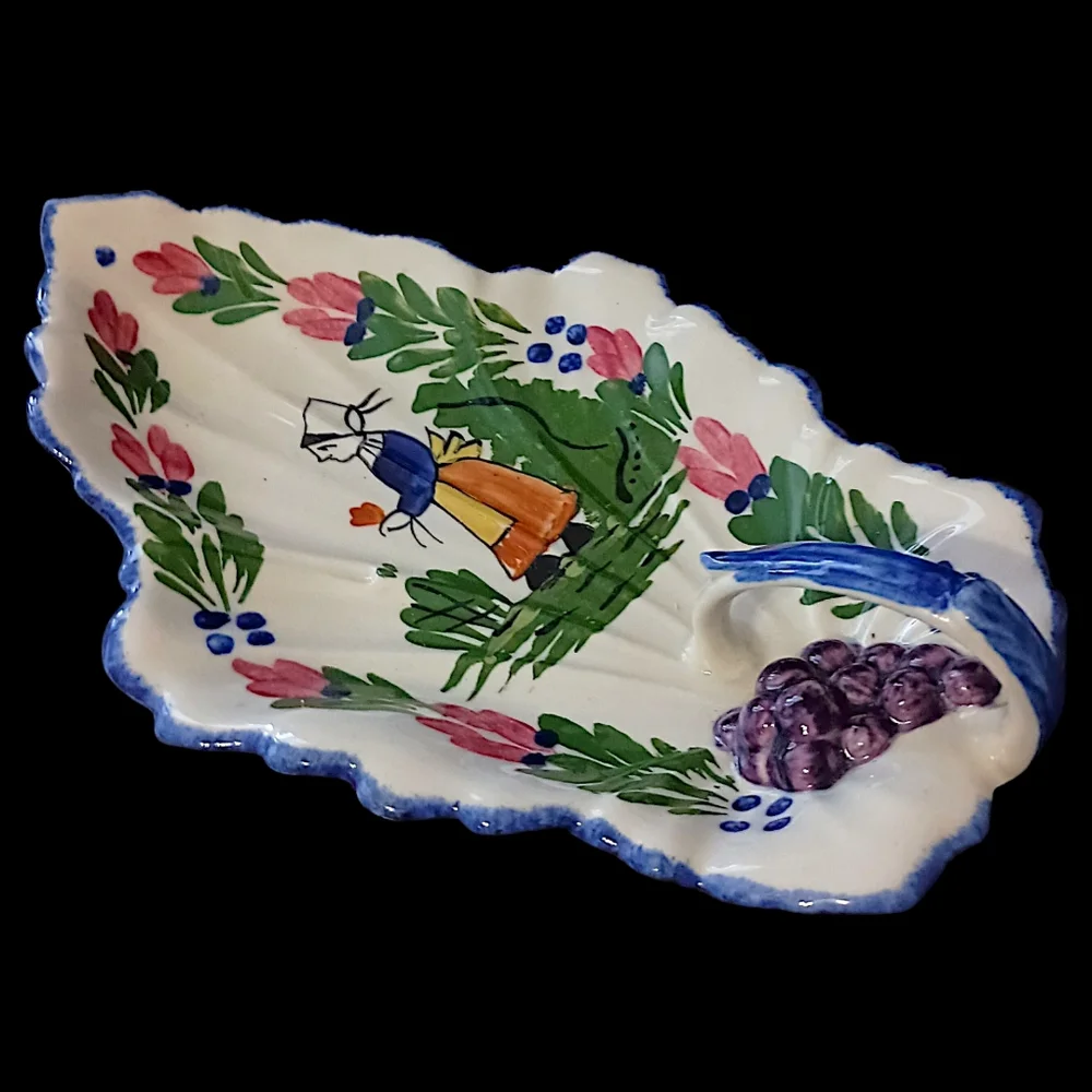 Blue Ridge Pottery Handled‎ Leaf Celery Dish Hand Painted Vintage French Peasant